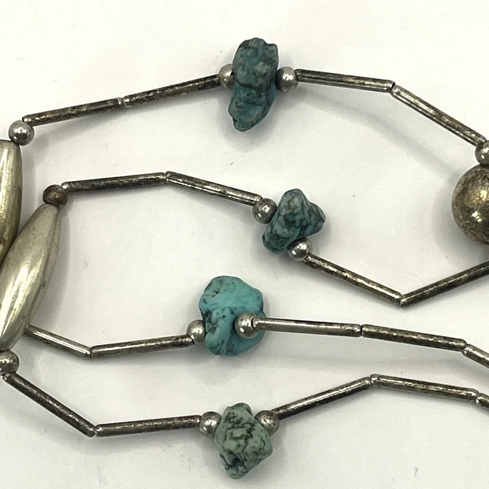 Vintage Turquoise Nugget‎ Sterling Silver Round & Melon Bead Necklace - Picture 10 of 11
